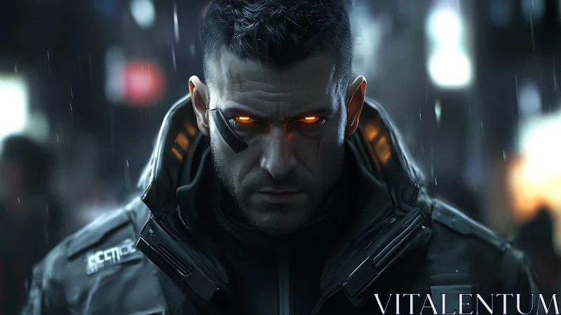 Cyberpunk cyborg enforcer with glowing eyes in rain-soaked city.
