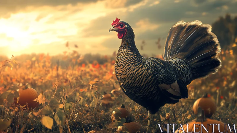 Wild turkey rooster stands in autumn field at golden hour