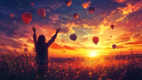 Low-angle sunset field scene with hot air balloons in warm spectrum