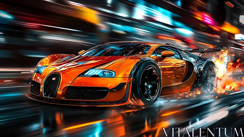 Electric orange hypercar tears through neon city night streets