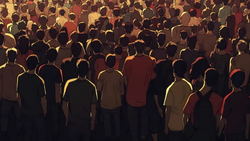 Warm glow over a gathered crowd of hopeful strangers.