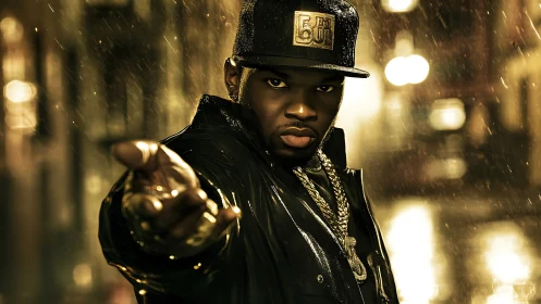 Man in black jacket points toward camera on rainy street