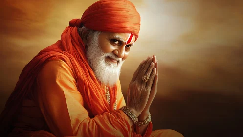 Elderly man in orange attire with folded hands in profile.