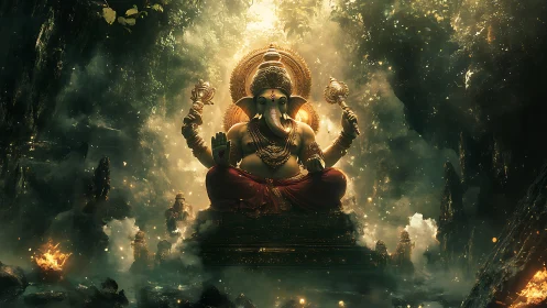 Fantasy-lit Ganesha deity in atmospheric cavern throne composition.