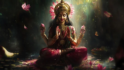 Divine lotus goddess in radiant forest sanctuary light.