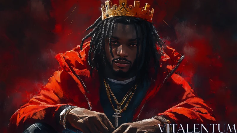 Modern street king gazes forward in crimson painted aura