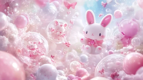 Digital painting of pastel bunny mascots in floating bubble clouds.