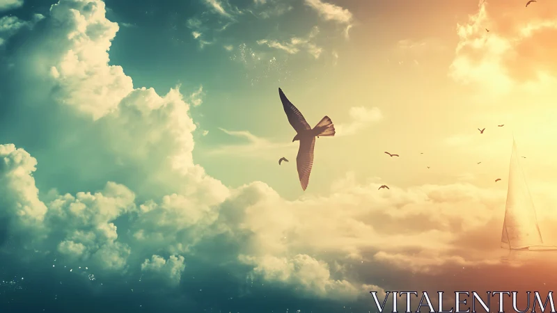 Soaring bird glides across dreamy pastel sunset sky.
