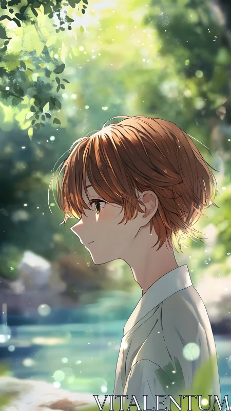 Side-profile anime portrait in dappled forest illumination.