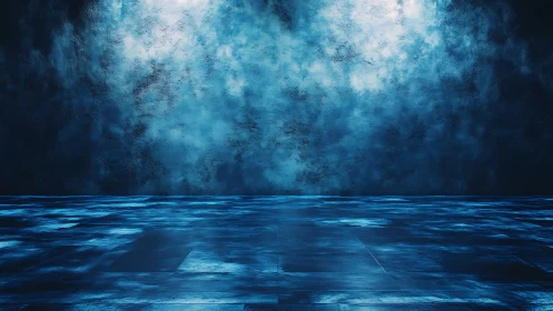 Blue textured wall with reflective floor in empty space.