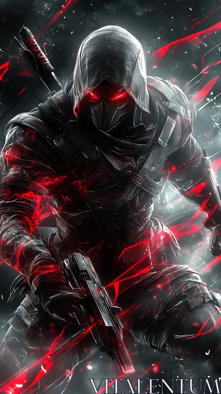 Red-veiled cyber assassin ignites the storm of midnight fury.