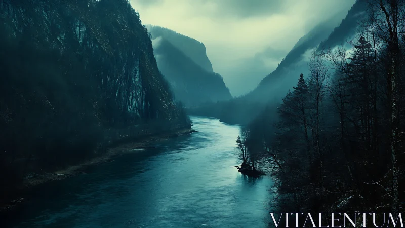 Misty mountain river cuts through dark winter gorge at dusk