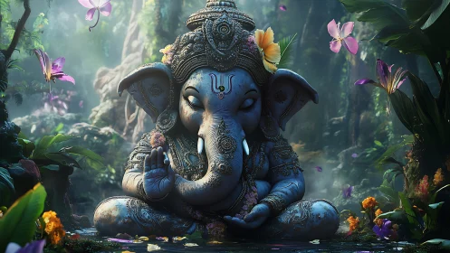 Serene Ganesh statue meditates amid glowing jungle blooms