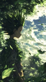 Leaf-clad anime figure stands in forest canopy light study