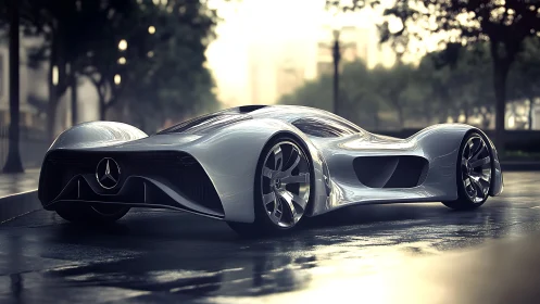 Futuristic silver concept supercar reflects wet city street