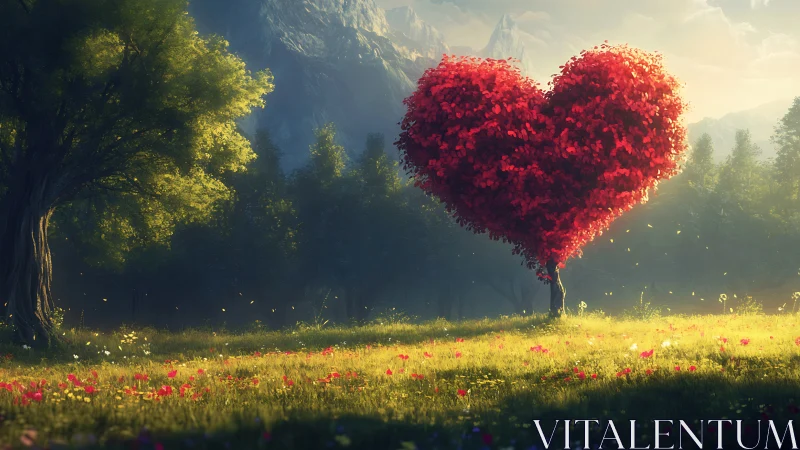 Heart-Shaped Red Tree in Mountain Valley.