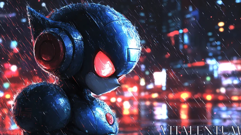 Neon rain robot vigil in a chrome soaked cyber city night.