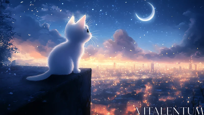 Dreamy white kitten gazing at a glowing crescent moon.
