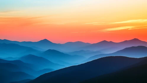 Sunset gradients over layered blue mountain ridges.