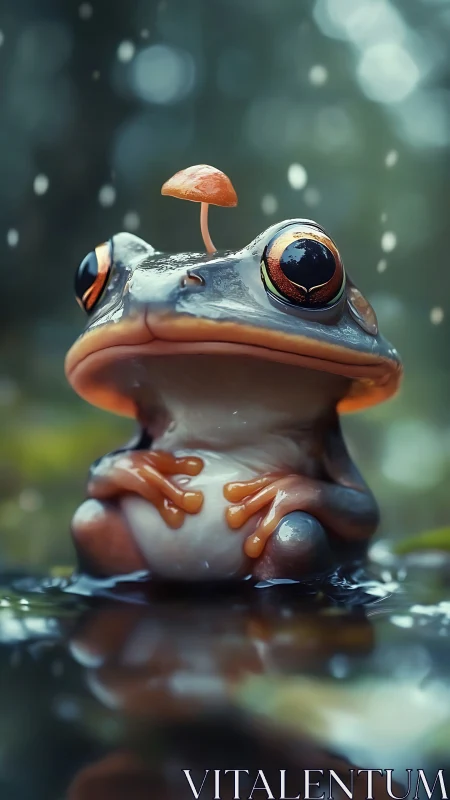 Digital 3D character study of whimsical frog in rain pool.