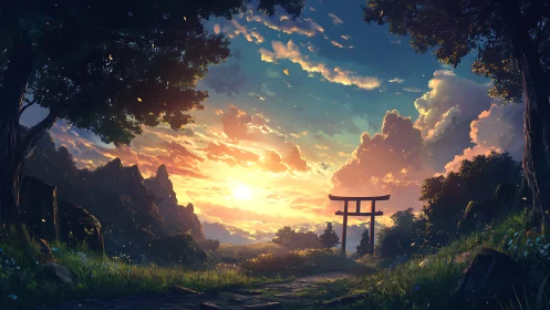 Sunlit torii gate crowns lush valley under glowing clouds.