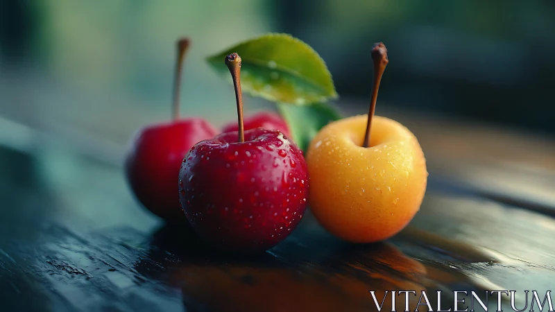 Wet cherries rest on reflective wooden surface outdoors