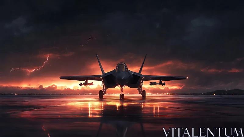 Stealth fighter jet on wet runway at stormy sunset sky.