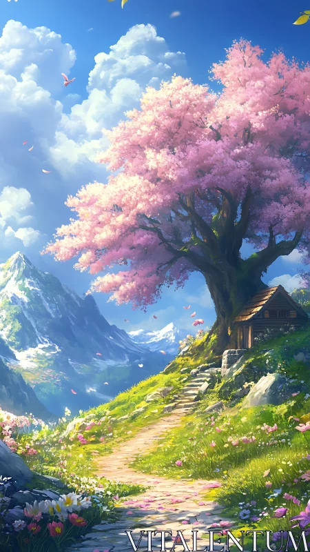 Cozy mountain cottage beneath a dreamy pink blossom tree.