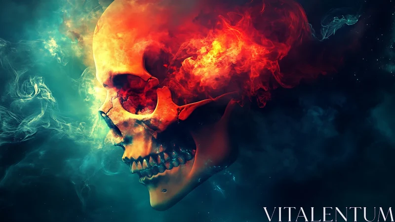 Fiery cosmic skull drifting through swirling night smoke.