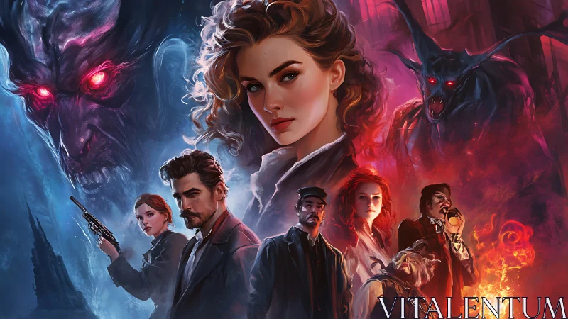 Gothic demon confrontation surrounding determined heroes.