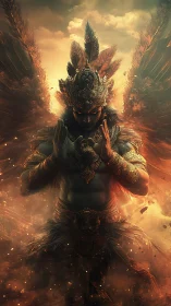 Winged armored figure in ornate headdress amid glowing haze.