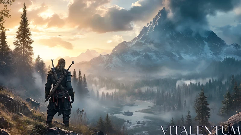 Sword-bearing wanderer studies a mist-laced mountain frontier