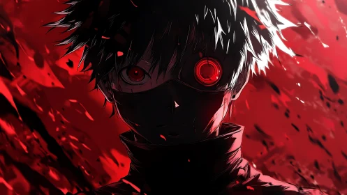 Masked cybernetic antihero emerges through crimson chaos.