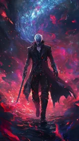 Cyber-noir swordsman strides through nebular inferno in profile