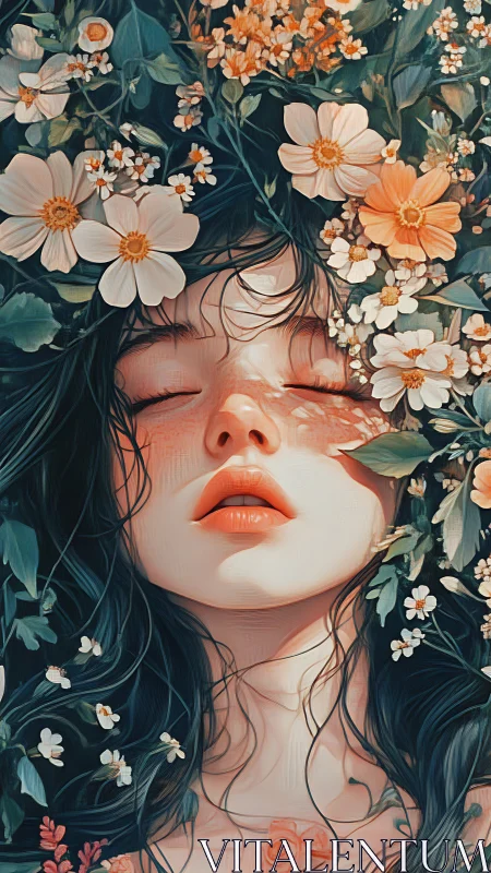 Blossom-dreamed girl adrift in a painted meadow hush.