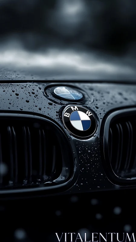 BMW hood emblem with rain droplets on glossy black grille.