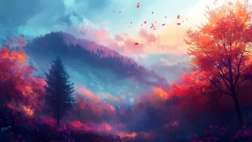 Digital autumn forest valley with layered distant mountains.