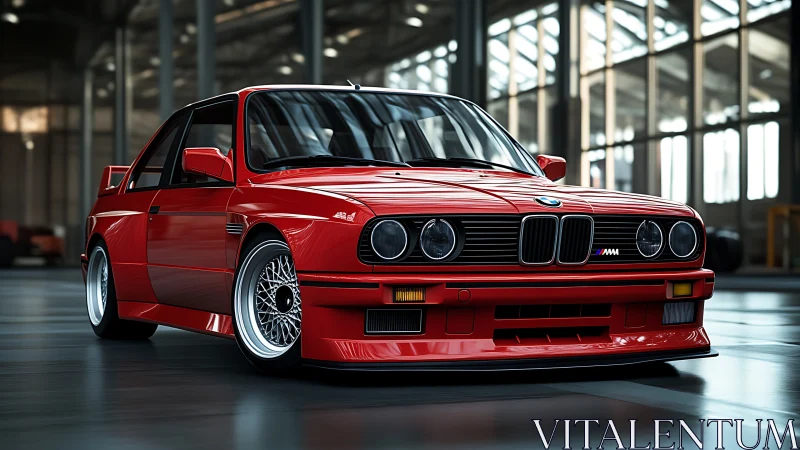 High-gloss red BMW coupe in controlled industrial lighting bay.