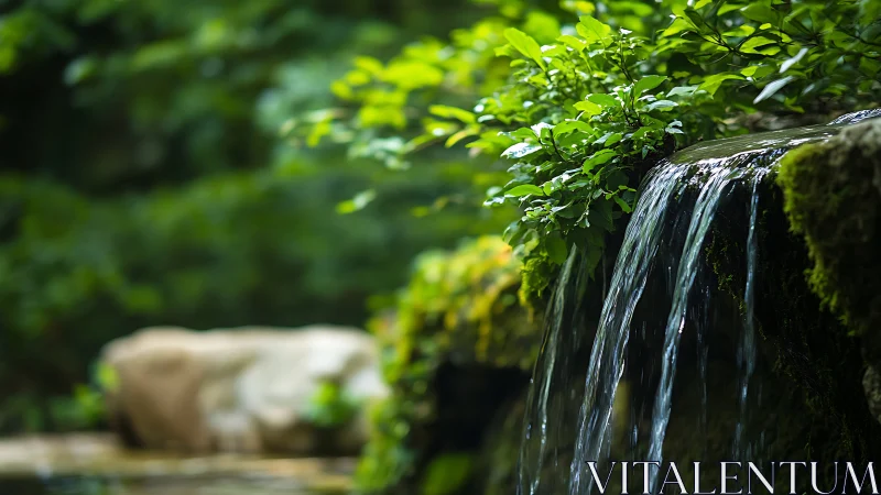 Tranquil Nature Waterfall with Lush Greenery in Soft Focus.