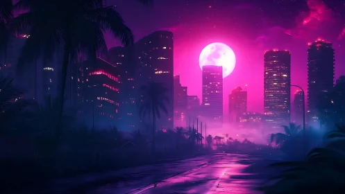 Neon moonrise over tropical cyber city in magenta haze.