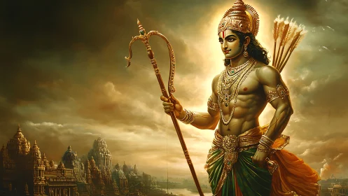 Divine warrior stands vigilant above ancient temple cityscape.