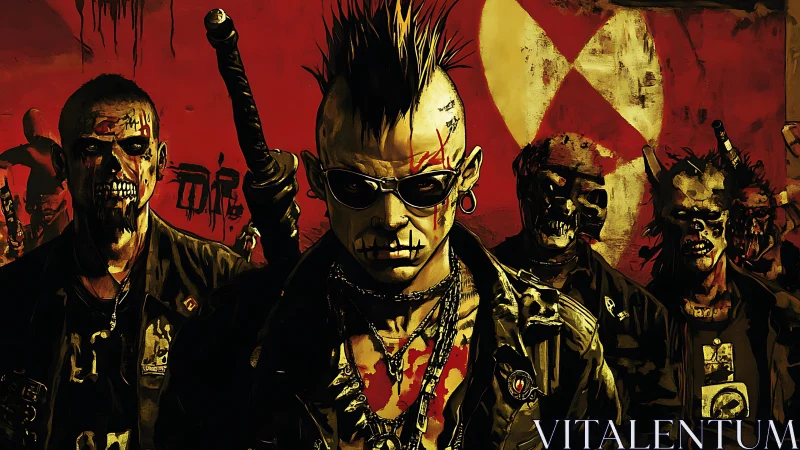 Post-apocalyptic punk gang with painted faces in red scene.