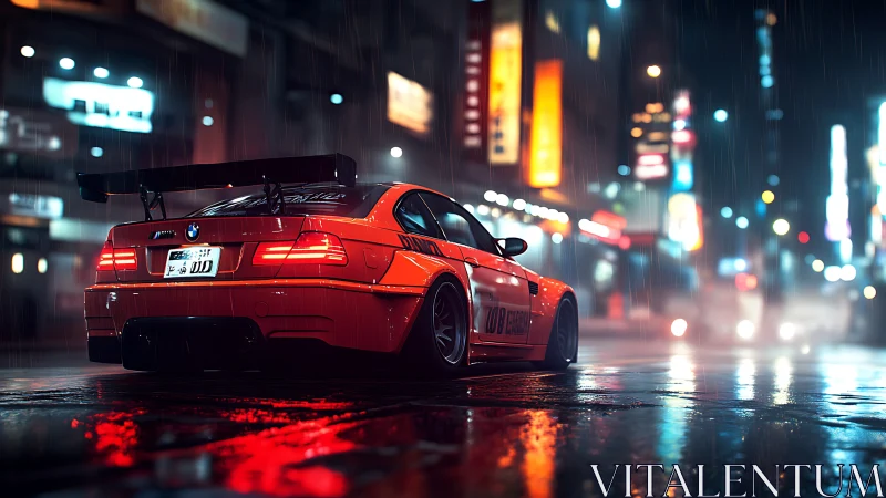 Modified red BMW coupe is parked on a wet neon city street