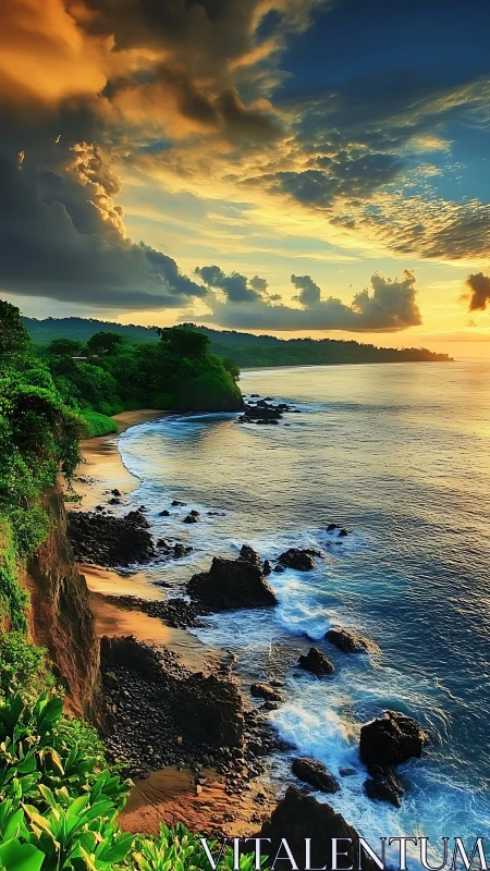 Golden sunset light embraces a rocky tropical shoreline