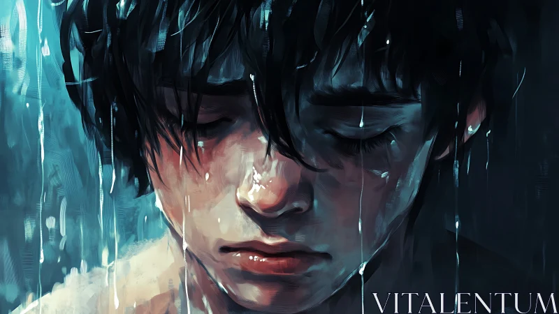 Melancholic wet portrait of boy in cool teal brushstrokes.