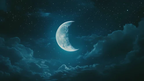 Crescent moon with volumetric clouds under star-dense night sky