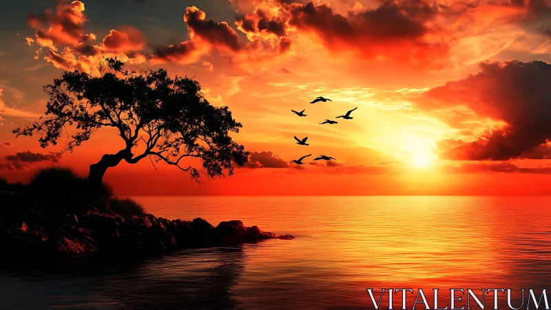 Fiery ocean sunset with silhouetted tree and birds in flight.