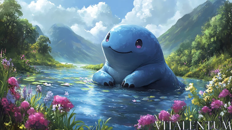 River guardian blob smiles softly among mountain wildflowers