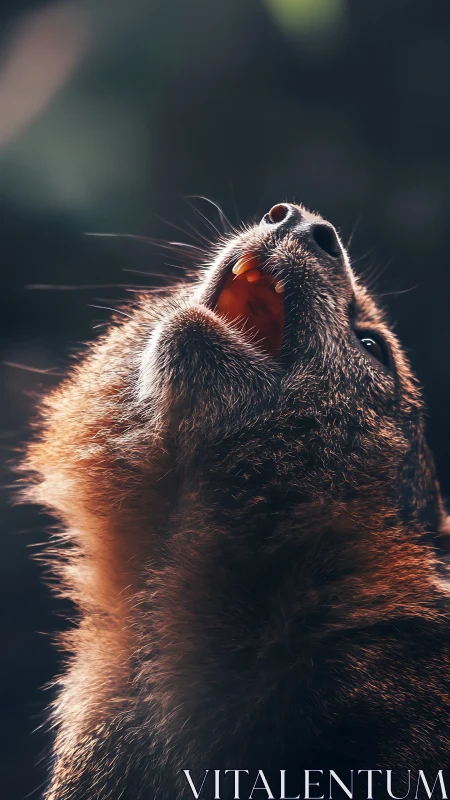 Close-up profile of small mammal with open mouth, backlit.