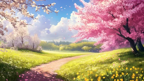 Spring meadow path with blossoming cherry trees under sky.